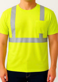 Neon Yellow High-Visibility Short-Sleeve Work Shirt with Reflective Stripes