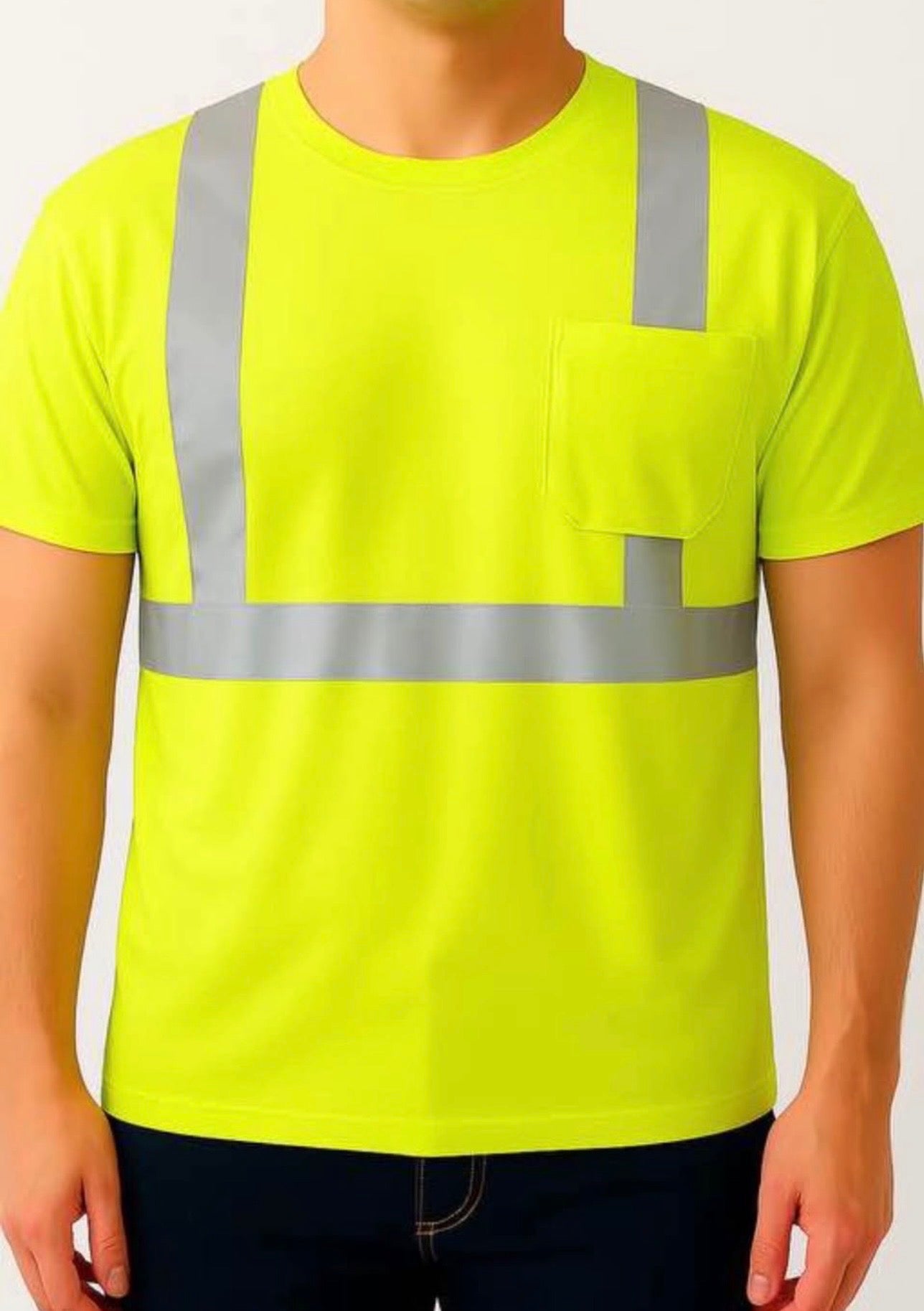 Neon Yellow High-Visibility Short-Sleeve Work Shirt with Reflective Stripes