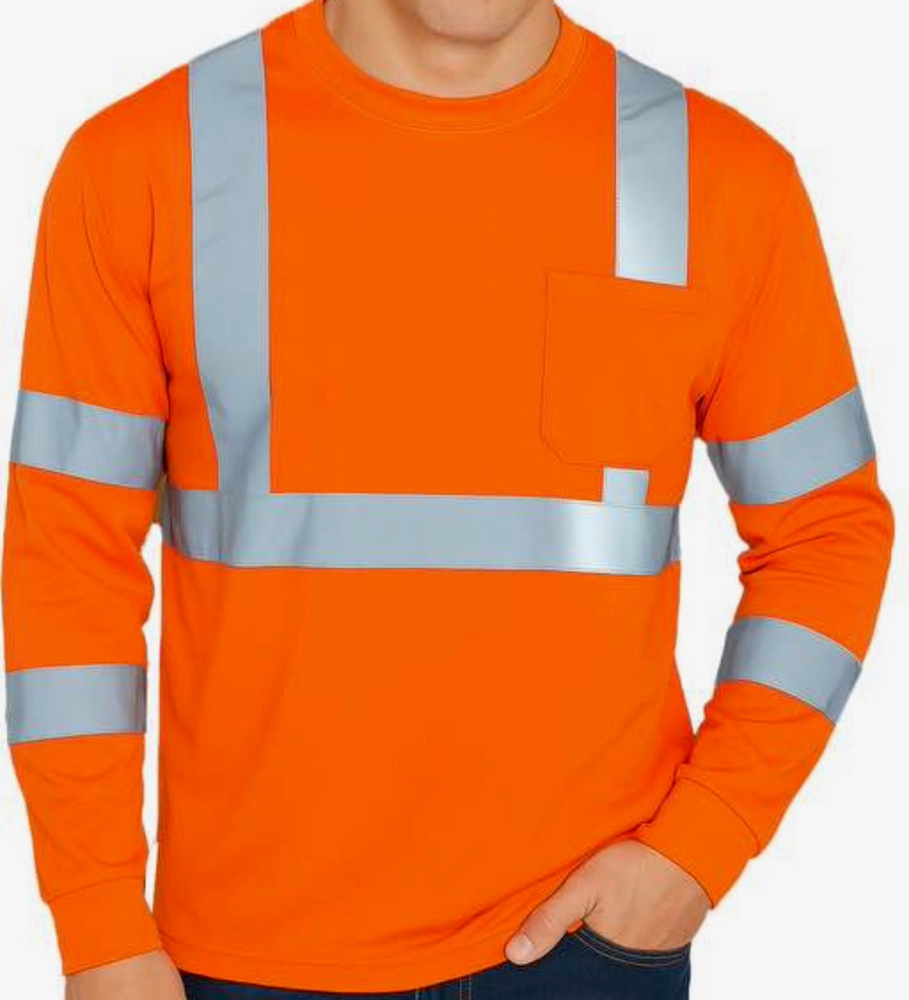 Orange High-Visibility Long -Sleeve Work Shirt with Reflective Stripes